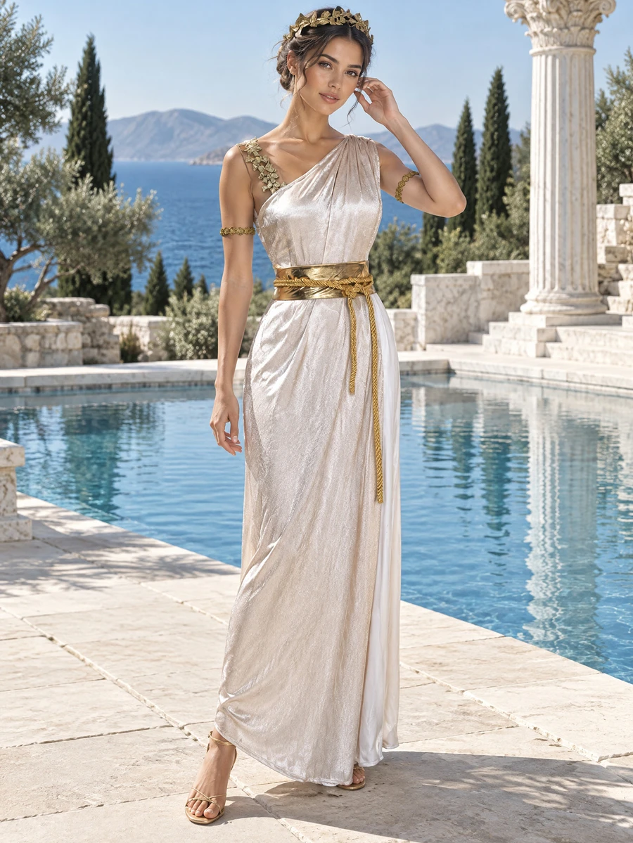 Halloween Elegant Goddess Cosplay Costume, One-Shoulder White Dress With Gold Belt And High Slit Design, Perfect For Theme Parties And Halloween - Champagne - View 1