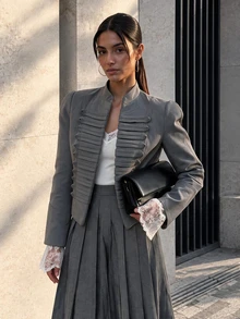 European Design Grey Pleated Short Blazer Jacket For Women, Slim Fit Flattering Commuter Jacket Top - Grey - View 3