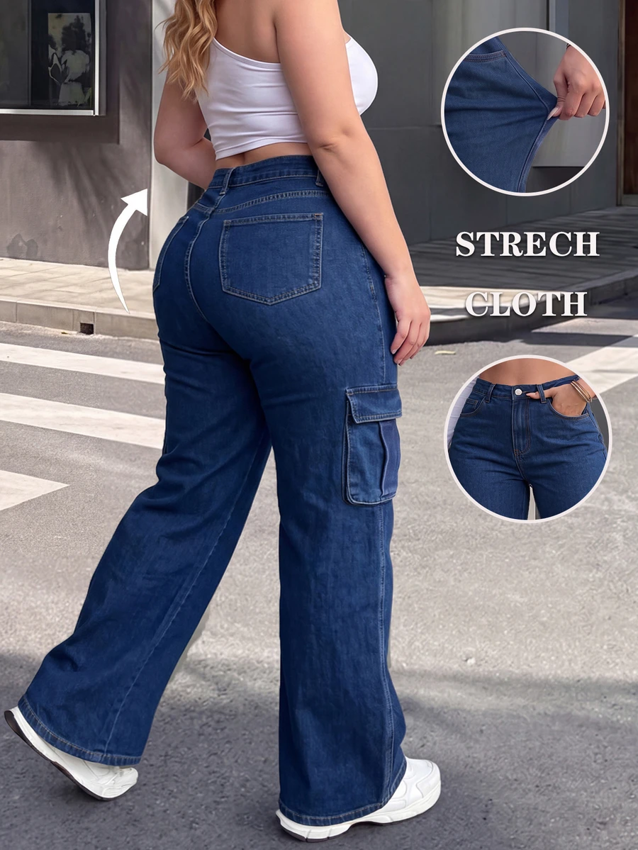 Washed Denim Plus Size Cargo Pants Featuring Practical Pockets And Button Closure With Medium Stretch For Everyday Fashion And Comfort - Blue - View 1