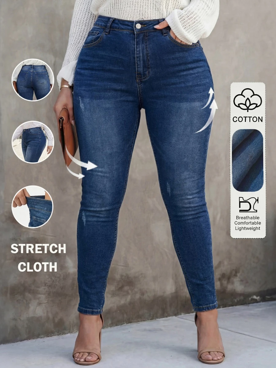 Women's Slim Fit Washed Denim Jeans, Decorated With Cat Whisker Pattern, Medium Stretch Cotton Blend Fabric, Long Length Design, Suitable For Autumn/Winter Wear. - Blue - View 1