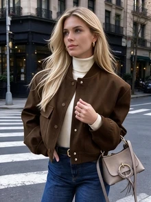 Women's Brown Loose Fit Aviator Jacket, Front Button Closure, Short Casual Outerwear, With Decorative Faux Pockets - Coffee Brown - View 3