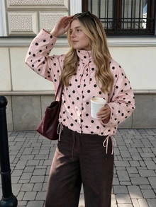 Women's Spring Pink Polka Dot Short Jacket, Stand Collar Long Sleeve Outerwear With Adjustable Bow And Hem - Pink - View 2