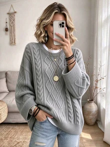 Women's Autumn/Winter Round Neck Solid Color Cable Knit Loose Fit Versatile Pullover Sweater - Grey - View 1