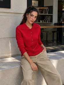 Slim Fit Round Neck Knit Sweater, Women's Lightweight Short Sleeve Pullover Top For Autumn - Red - View 1