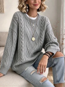 Women's Autumn/Winter Round Neck Solid Color Cable Knit Loose Fit Versatile Pullover Sweater - Grey - View 2