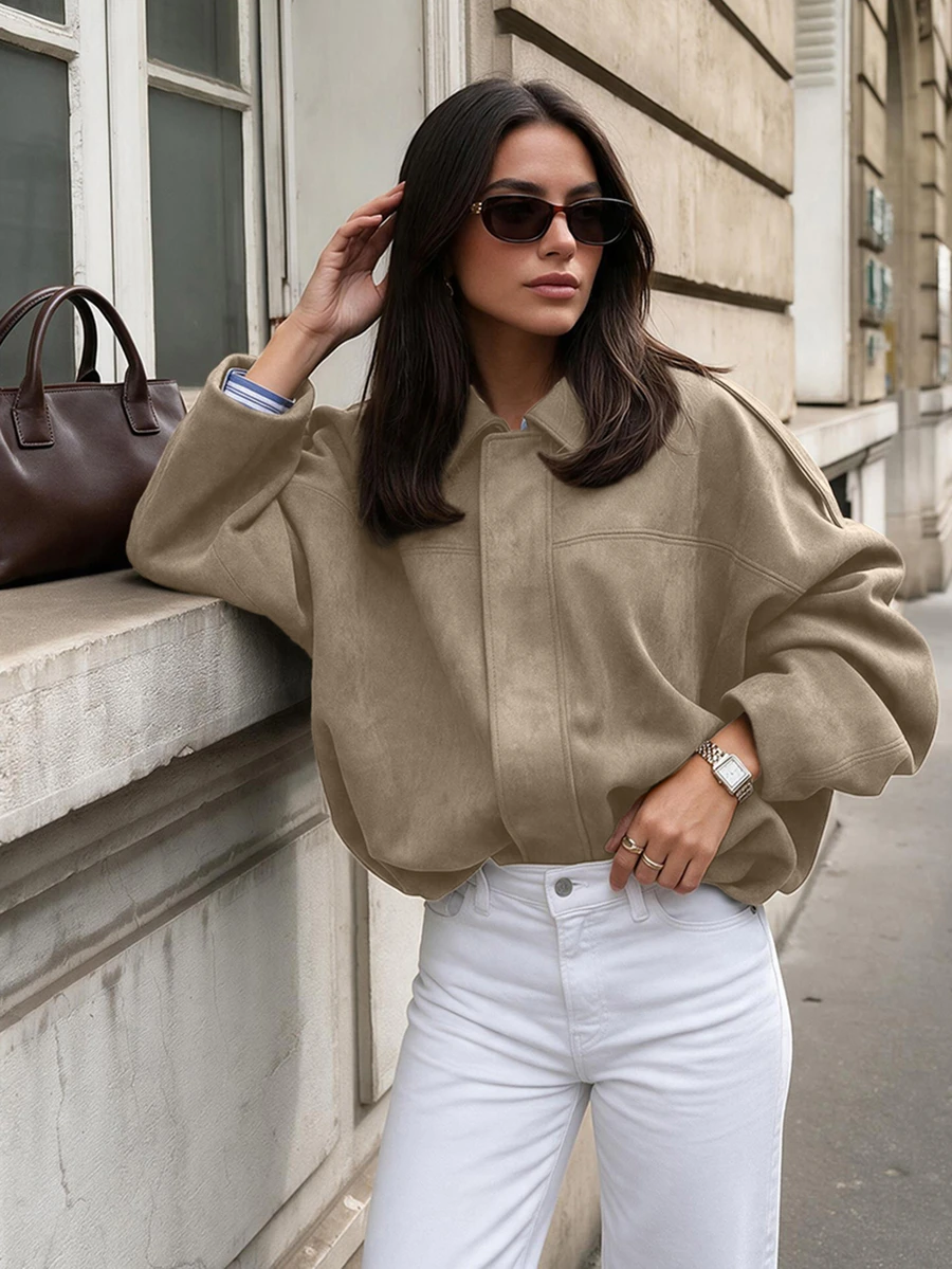 Women's Regular Fit Faux Suede Long Sleeve Single-Breasted Loose Casual Jacket, Suitable For Spring Wear