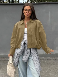 Women's Regular Fit Faux Suede Long Sleeve Single-Breasted Loose Casual Jacket, Suitable For Spring Wear - Khaki - View 2