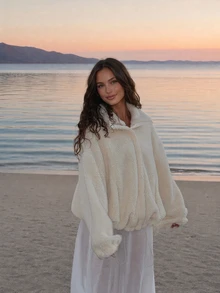 Women Winter Elegant Casual White Zip Up Drawstring Hem Jacket For Daily Going Out - Apricot - View 3