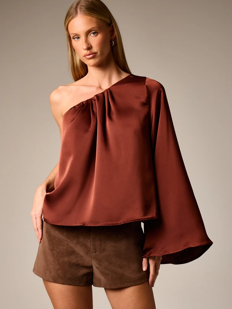 One Shoulder Asymmetrical Blouse With Bell Sleeve