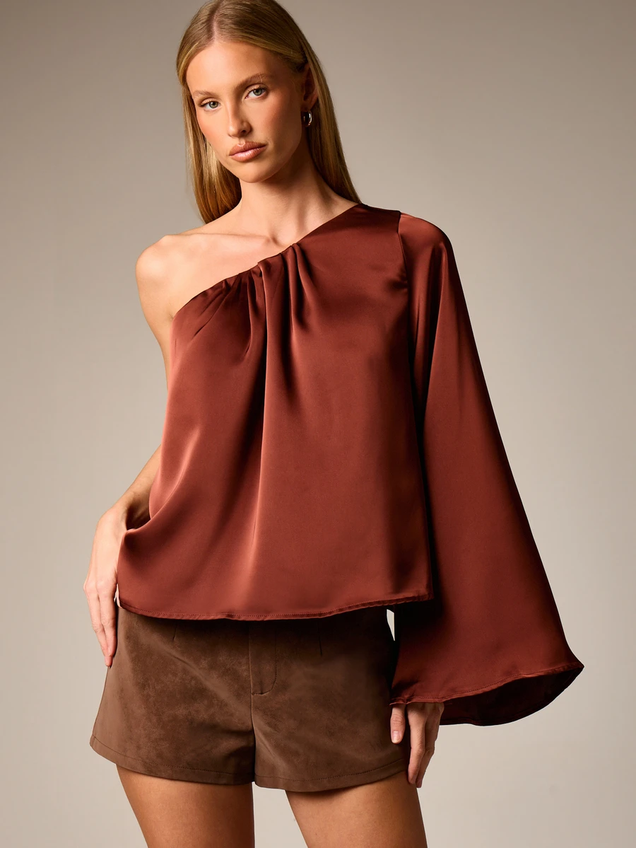 AiiRZ 不对称单肩垂褶衬衫 - 棕色 - 查看 1