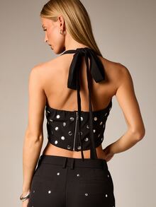 AiiRZ Top corset com decote halter, detalhes metálicos e laço nas costas. Modelo bustiê ajustado. - Preto - Ver 2