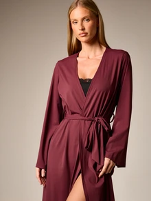 AiiRZ Long Sleeve Wrap Maxi Robe With Deep V Neckline And Tie Belt Closure Burgundy Loungewear For Winter Fall - Red - View 3