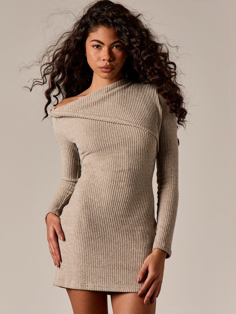 AiiRZ Off Shoulder Ribbed Knit Mini Dress With Twist Detail Long Sleeve Bodycon Fall Winter Casual