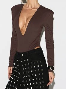 KIZN Deep V Neck Bodysuit Long Sleeve Plunging Neckline Fall Winter Evening Party Club - Brown - View 3
