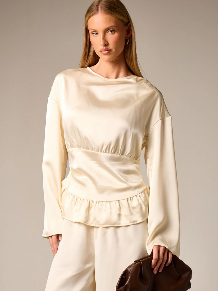 Cream Long Sleeve Blouse With Ruffle Peplum