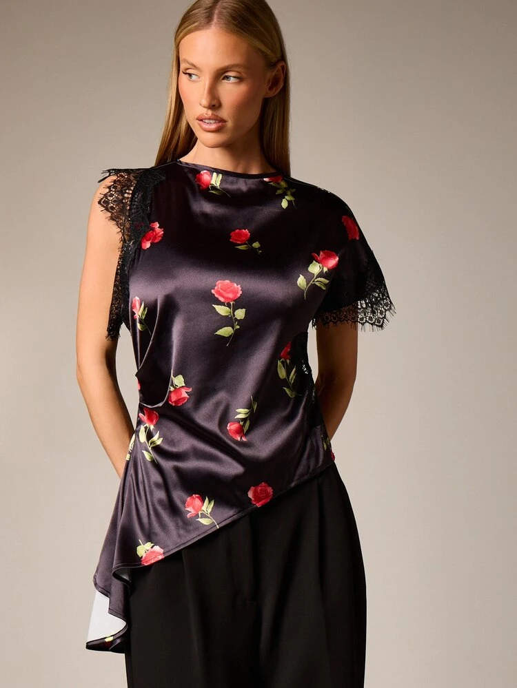 Asymmetric Rose Print Blouse With Lace Trim