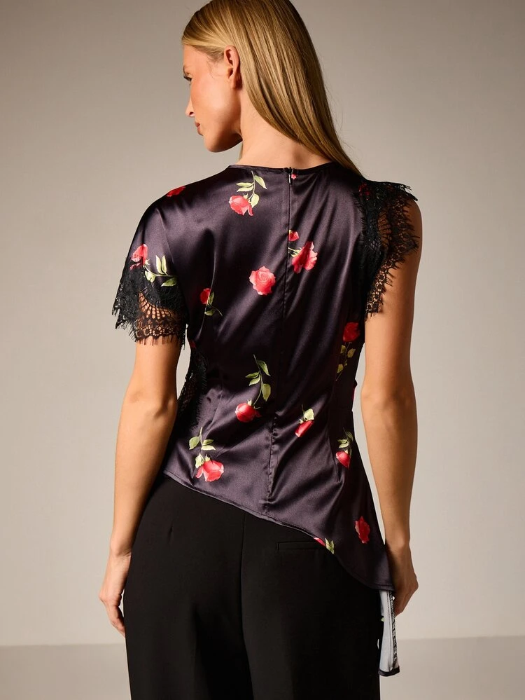 Asymmetric Rose Print Blouse With Lace Trim