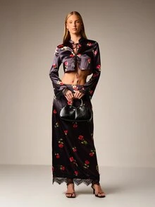 AiiRZ Cropped Floral Satin Blouse With Lace Hem Detail Long Sleeve Collared Top For Spring Summer - Multicolor - View 3