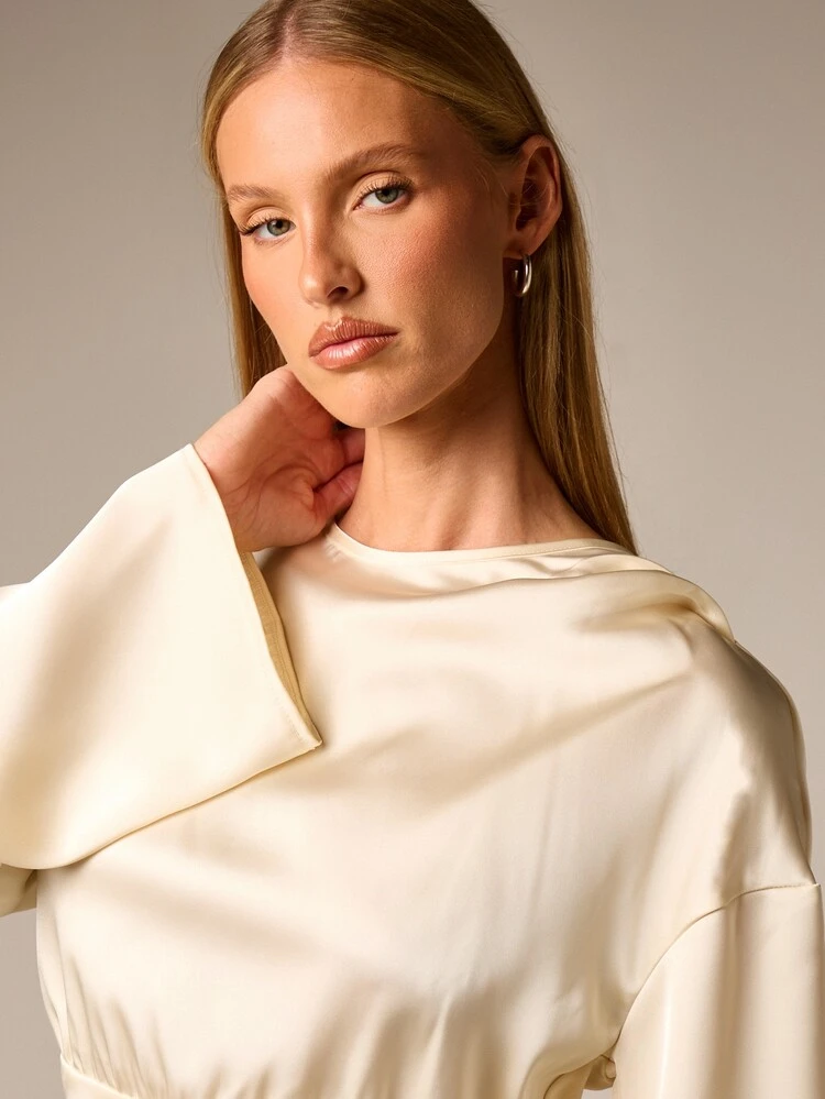 Cream Long Sleeve Blouse With Ruffle Peplum