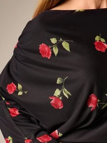 AiiRZ Oversized Long Sleeve Floral Print Boat Neck Crop Top With Rose Pattern Off Shoulder Design For Fall Winter Casual Occasions - Multicolor - View 6