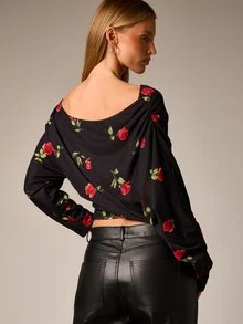 AiiRZ Oversized Long Sleeve Floral Print Boat Neck Crop Top With Rose Pattern Off Shoulder Design For Fall Winter Casual Occasions - Multicolor - View 2