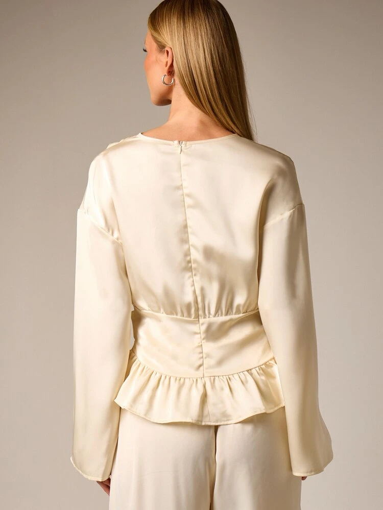 Cream Long Sleeve Blouse With Ruffle Peplum