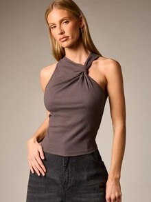 AiiRZ Ribbed Halter Neck Tank Top With Twisted Front Detail Sleeveless Casual Summer Blouse For Vacation Beach Outfits - Dark Grey - View 1