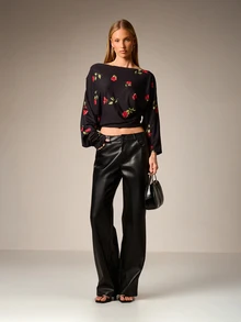 AiiRZ Oversized Long Sleeve Floral Print Boat Neck Crop Top With Rose Pattern Off Shoulder Design For Fall Winter Casual Occasions - Multicolor - View 3