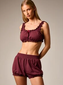 AiiRZ Burgundy Lettuce Edge Crop Top And Ruffle Hem Shorts Pajama Set Sleepwear Loungewear Two Piece Outfit - Brown - View 1