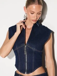 KIZN Zip Front Sleeveless Denim Vest Top With Collar And Contrast Stitching For Casual Summer Wear - Blue - View 5