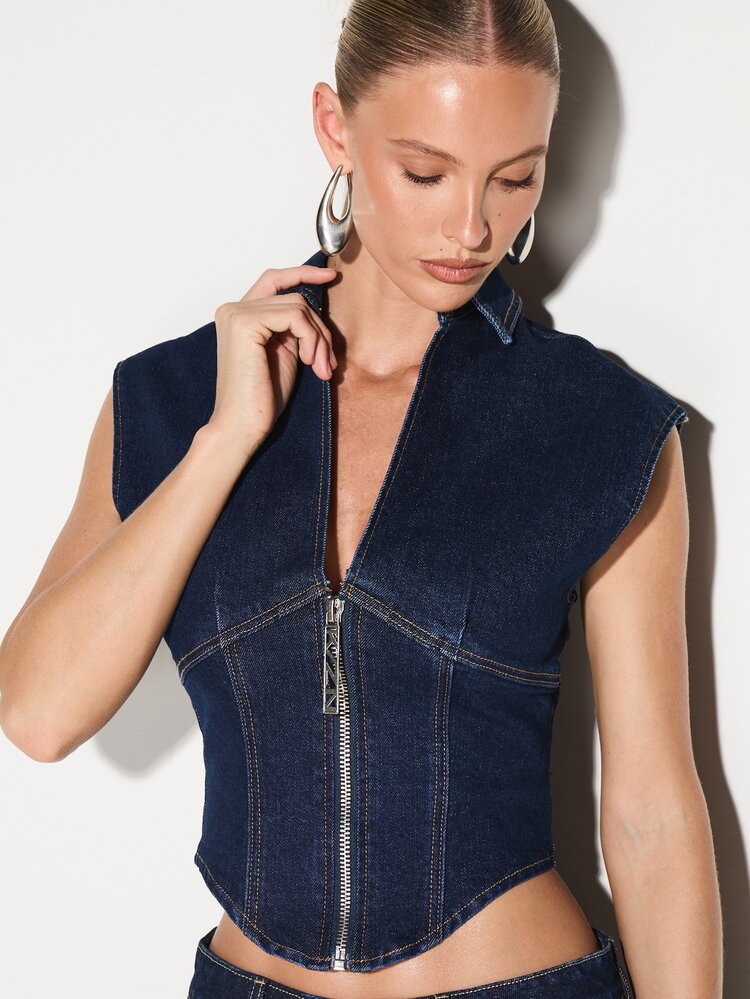 KIZN Sleeveless Denim Zip Front Corset