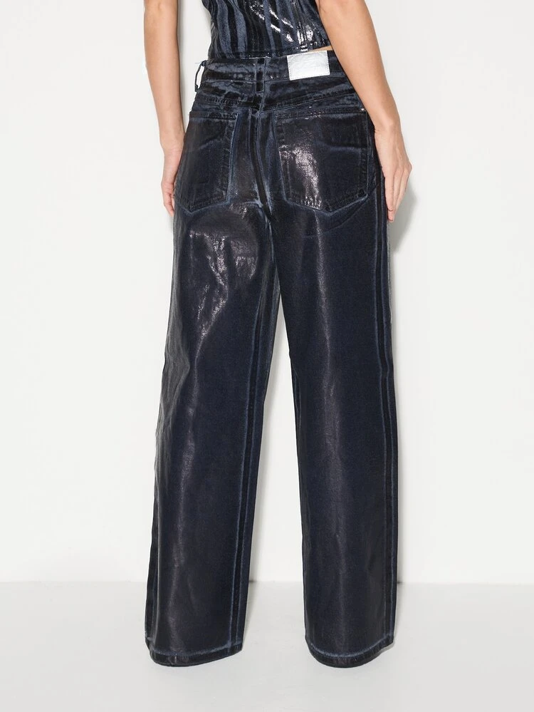 KIZN Coated Denim Wide Leg Jeans With Metallic Finish