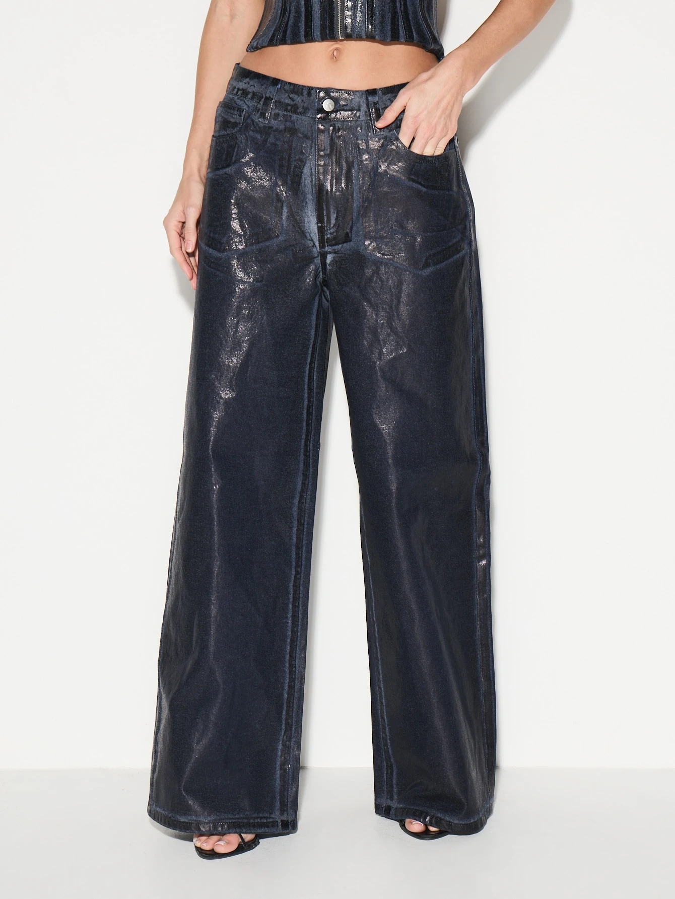 KIZN Coated Denim Wide Leg Jeans With Metallic Finish