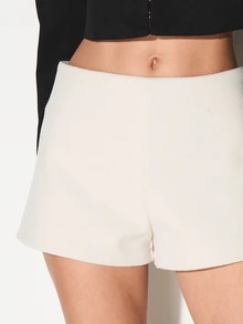 KIZN High Waist Wide Leg Faux Wool Tailored Shorts With Side Zipper And Belt Loops For Office Workwear Business Casual - Apricot - View 4