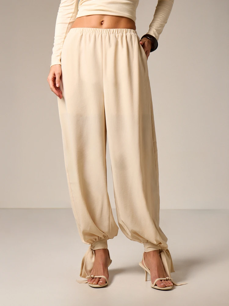 Tie Cuff Barrel Leg Relaxed Pants With Ankle Detail