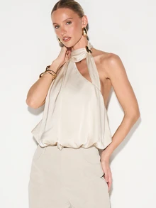 KIZN Satin Halter Bubble Hem Blouse With Gold Ring Detail And Wrap Tie Neckline For Women Evening Party Wear - White - View 1