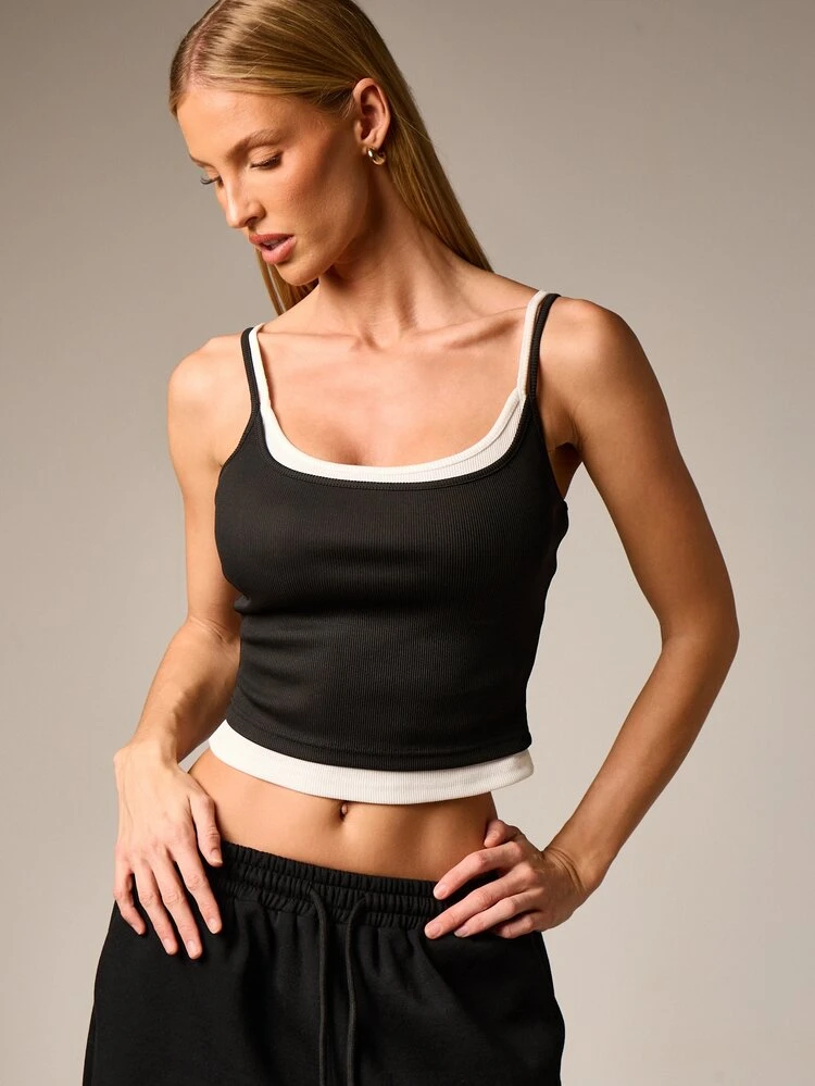Ribbed Scoop Neck Tank With Contrast Trim