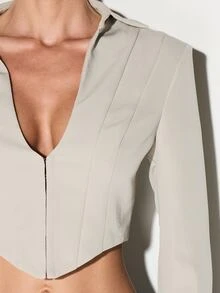 KIZN Deep V Neck Long Sleeve Structured Corset Blouse With Hook And Eye Front Closure Cropped Design For Office And Evening Wear - Grey - View 2