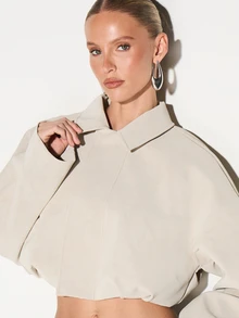KIZN Dropped Shoulder Cropped Suede Bomber Jacket With Ribbed Cuffs And Waistband Classic Fall Winter Outerwear - Apricot - View 5