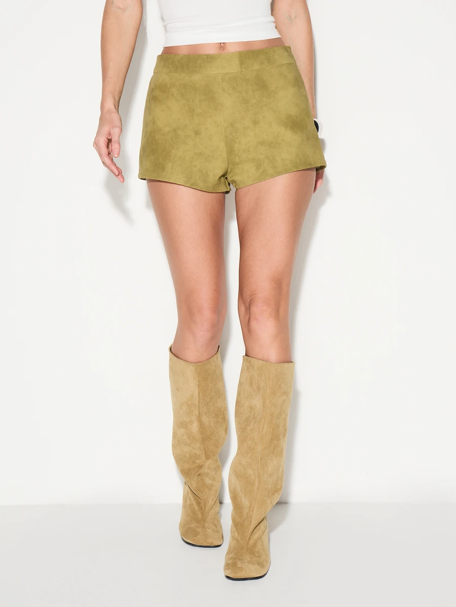 KIZN High Waisted Suede Hot Pants Shorts Olive Mini Length Women Fall Winter Fashion Bottoms - Green - View 1