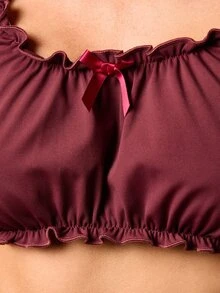 AiiRZ Burgundy Lettuce Edge Crop Top And Ruffle Hem Shorts Pajama Set Sleepwear Loungewear Two Piece Outfit - Brown - View 4