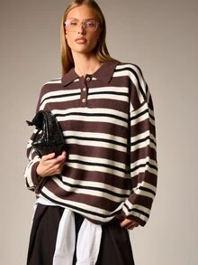 AiiRZ Oversized Striped Polo Sweater With Button Details Long Sleeve Fall Winter Pullover Collared Knit Top - Multicolor - View 1