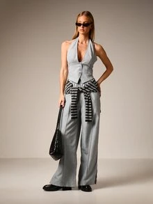 AiiRZ 高腰直筒褶裥修身长裤 - 淺灰色 - 查看 3