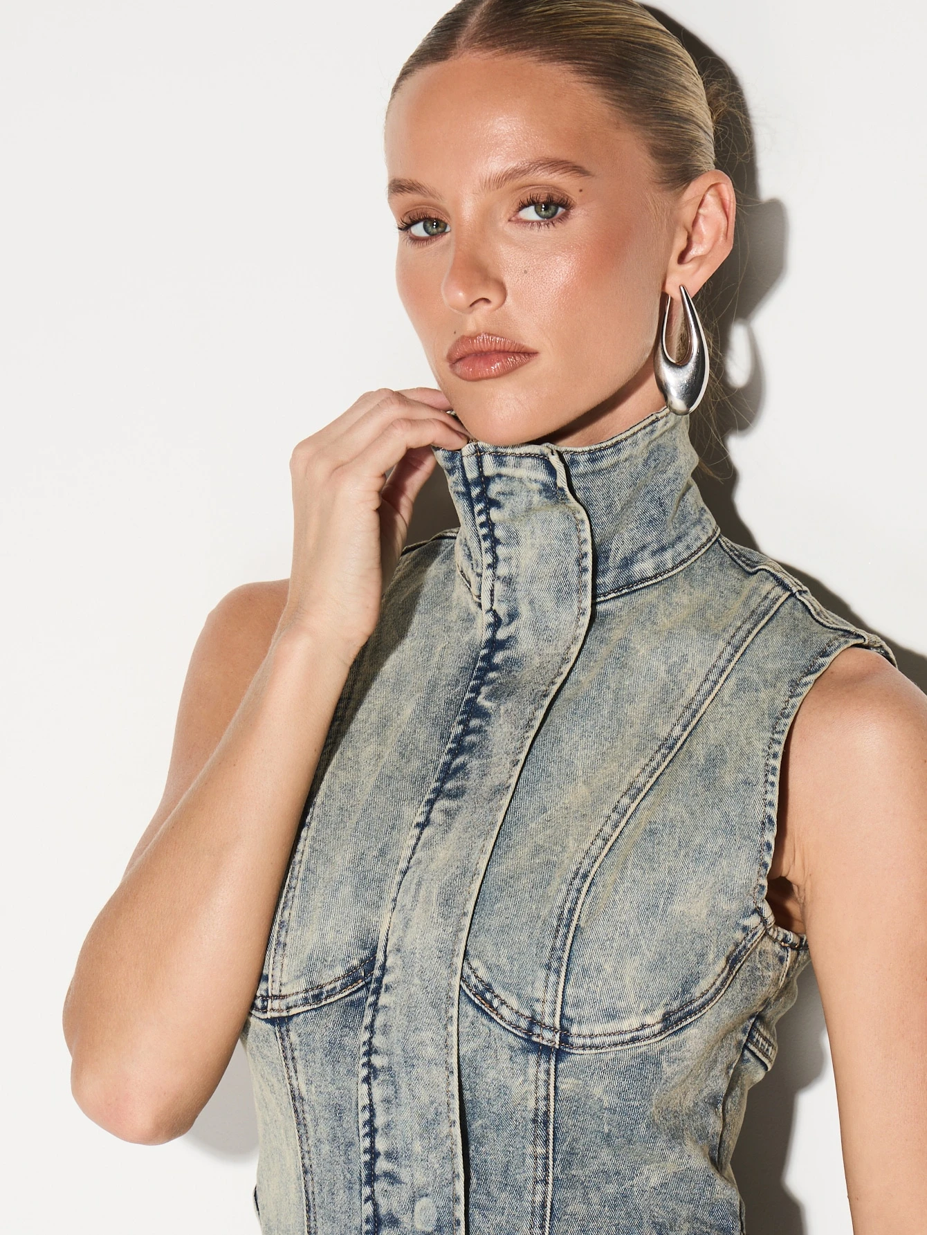 KIZN Funnel Neck Sleeveless Bodycon Denim Dress