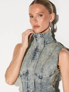 KIZN Đầm denim mini không tay cổ cao, kiểu dáng vintage với đường may tinh tế, ôm sát cơ thể, thích hợp cho các buổi tiệc tối. - Màu xanh lam - Xem 4