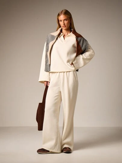 AiiRZ Conjunto de dos piezas de top tipo polo con cuello y pantalón de pierna ancha, ajuste relajado, conjunto de salón coordinado para otoño e invierno