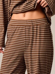 AiiRZ Striped Collared Long Sleeve Top And Wide Leg Trouser Lounge Two Piece Coordinating Set With Contrast Collar Detail - Multicolor - View 4