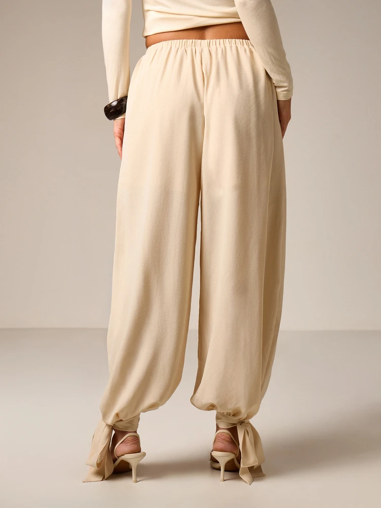 Tie Cuff Barrel Leg Relaxed Pants With Ankle Detail