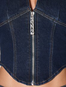 KIZN Zip Front Sleeveless Denim Vest Top With Collar And Contrast Stitching For Casual Summer Wear - Blue - View 4