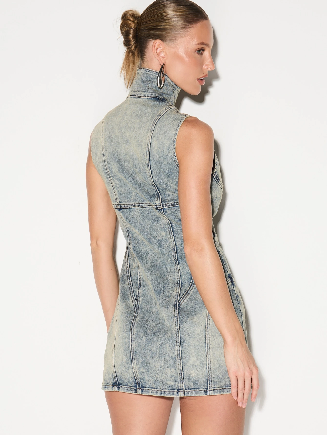 KIZN Funnel Neck Sleeveless Bodycon Denim Dress